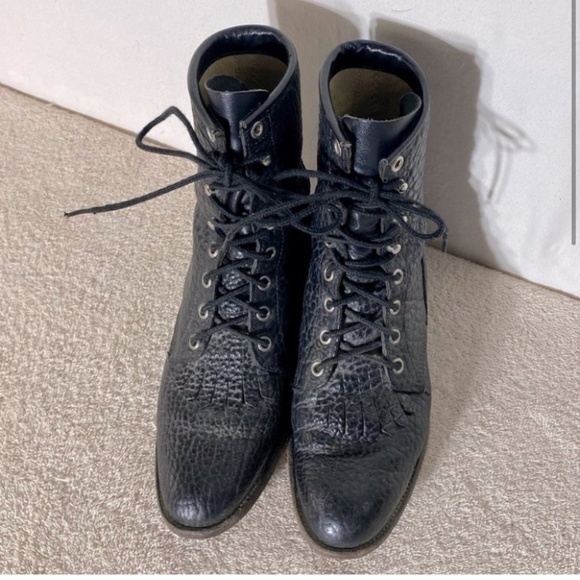 Vintage Justin Boots Black Pebbled Leather Lace Up Packer Boots 6 - Picture 2 of 13